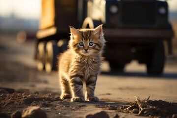 Little tabby kitten standing on a road against the backdrop of a big truck. Concept: cargo transportation, animal transportation, animal protection, homeless animals