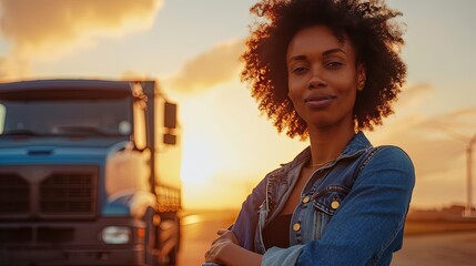 Female professional truck driver looking at camera. A sense of fulfillment shines through as the driver stands by her truck, symbolizing the triumphs of transportation. - obrazy, fototapety, plakaty