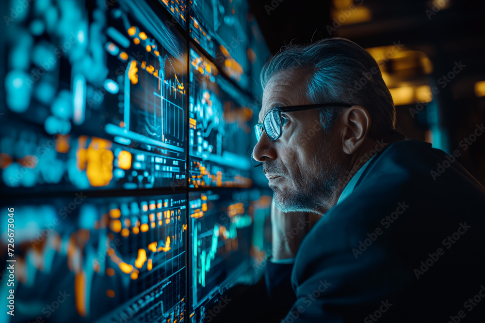 Poster businessman in a city office, developing cutting-edge technology code for web and finance, surrounde