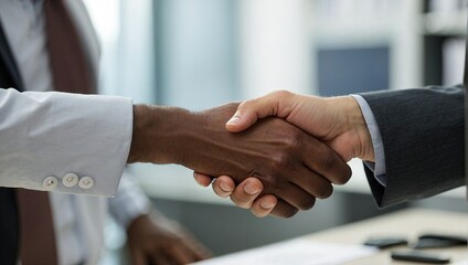Close-up of a diverse handshake in an office setting, exemplifying professional agreement and cooperation between two individuals.
