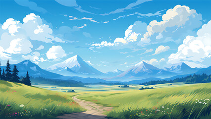 Beautiful landscape with mountains, meadow and road. Vector illustration
