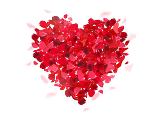 Heart arranged from red rose petals on white romantic vector card. Heart wedding celebration design. Love wreath