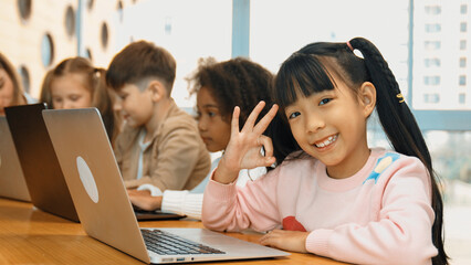 Smart asian girl working on laptop doing ok or okay and looking at camera. Diverse happy children...