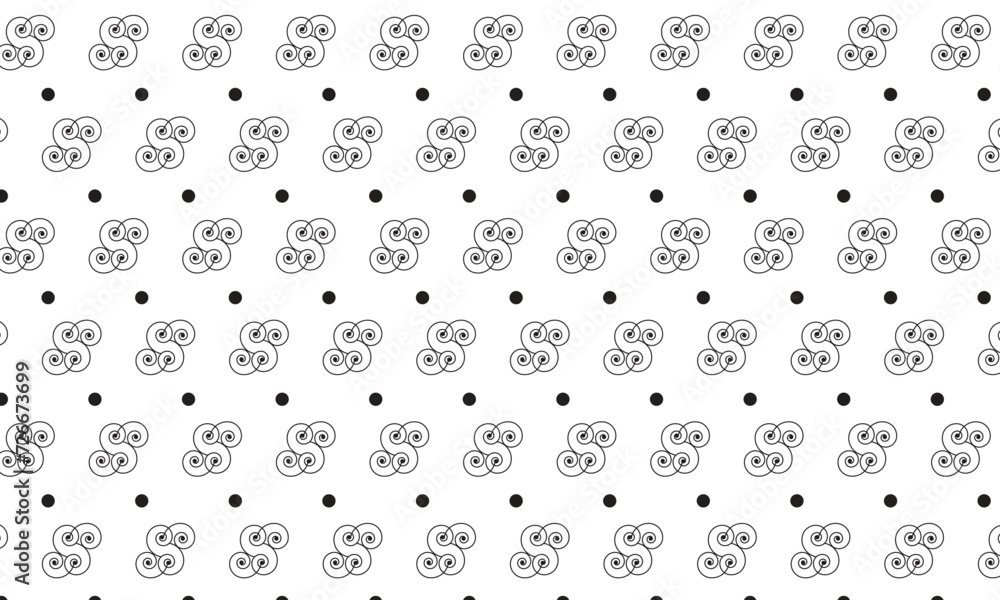 Poster abstract repeatable seamless black spiral and dot pattern art.