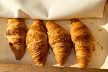 close-up breakfast buffet serving pastries croissants in the hotel beautiful food serving with plates hospitality