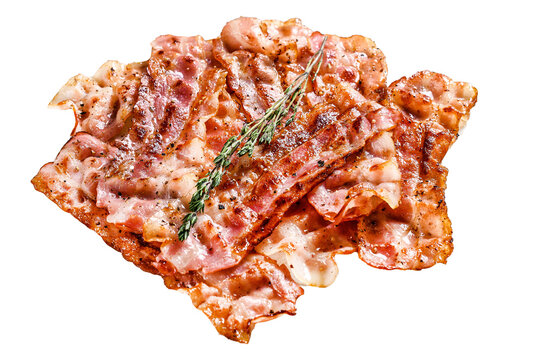 Sizzling hot bacon pieces. Organic meat.  Isolated, Transparent background.