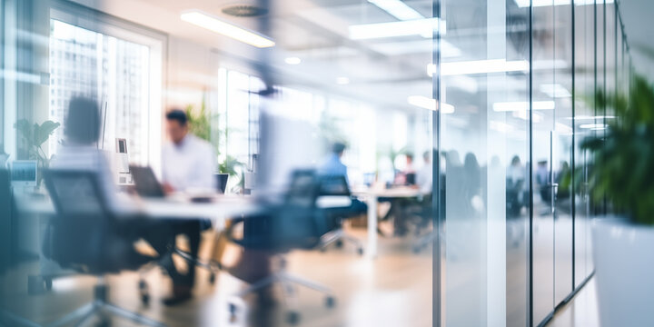 Blurred office with people working behind glass wall