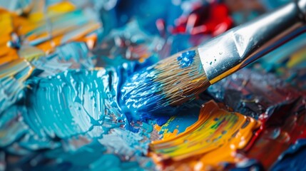 Fototapeta premium close-up view of a paintbrush applying vibrant blue paint onto a colorful palette. 