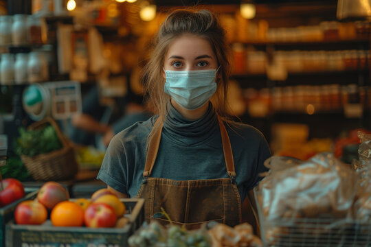 A photo of a small business owner in a mask, serving customers, highlighting economic resilience. Concept of small businesses adapting to new health guidelines. Generative Ai.
