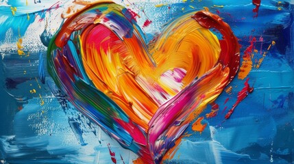 painting of a heart shape created with vibrant, multi-colored paint strokes on a canvas. - obrazy, fototapety, plakaty