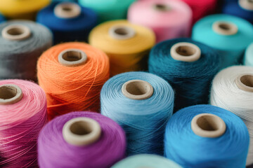Close-up of colorful spools of thread in bright colors.