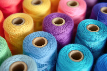Close-up of colorful spools of thread in bright colors.