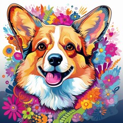 Corgi Dog Abstract Fantasy Animal God Portrait Bright Artistic Mystique Colorful Digital Generated Illustration Artwork