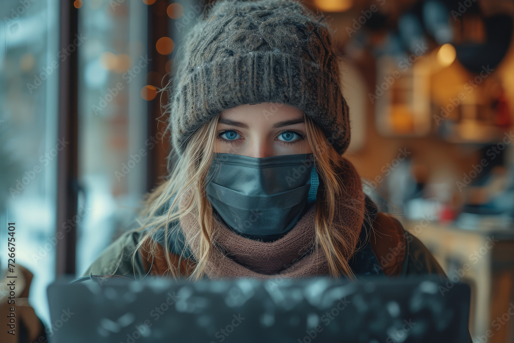 Poster an image of a masked individual working from home, blending personal and professional spaces. concep