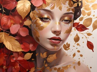 Portrait einer jungen, mit bunten Blättern bedeckten Frau 