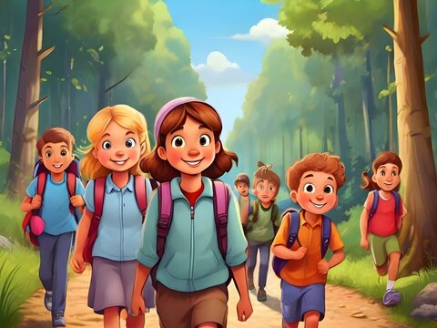 Illustration einer Gruppe Schulkinder bei einem Schulausflug im Wald, Comicstyle