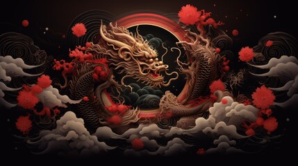 traditional Chinese New Year dragon in curly clouds on a black background