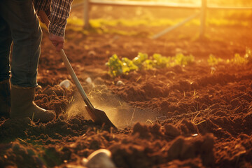 Field Symphony: Farmer Tenderly Tilling the Soil with a Shovel, A Close-Up Agricultural Serenade