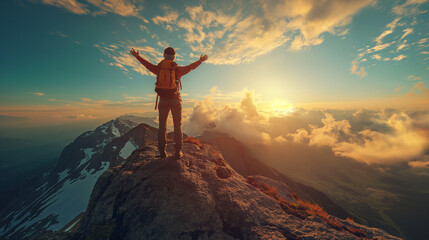 Mountain Triumph at Sunset: A man stands victorious atop a rocky peak, surrounded by the breathtaking beauty of nature, as the sun sets and the sky glows with warm hues, symbolizing success, freedom - obrazy, fototapety, plakaty