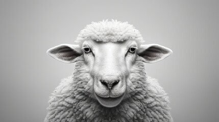 Realistic portrait of a sheep. Close-up of farm animal in monochrome style. Illustration for cover, card, postcard, interior design, banner, poster, brochure or presentation.