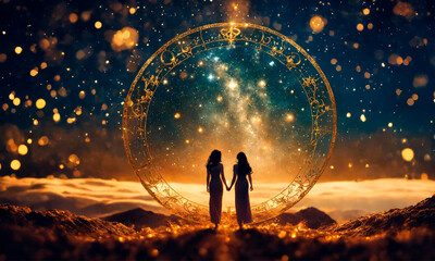 Obraz premium zodiac sign Gemini on a background of stars. Selective focus.