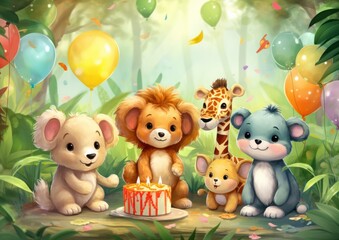Children's cute animals celebrate their birthday. Lion, mouse, tiger and fat cartoon characters