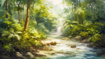 Fototapeta na wymiar Beautiful stream painting in tropical forest - beautiful natural landscape in the forest