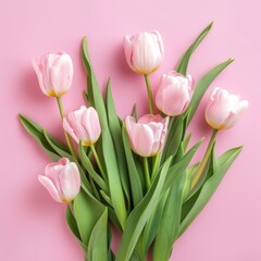 Fototapeta premium pink tulips on pink isolated background. Card for valentine's day, women day, birthday, wedding