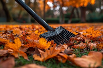 A solitary rake rests amidst the vibrant orange leaves scattered across the grass, symbolizing the...