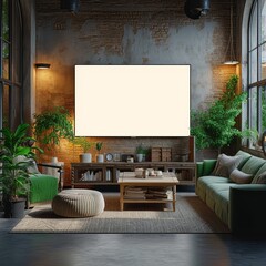 A cozy indoor oasis with a sprawling screen, surrounded by stylish furniture and lush houseplants, creating the perfect balance of comfort and modern design in this living room studio