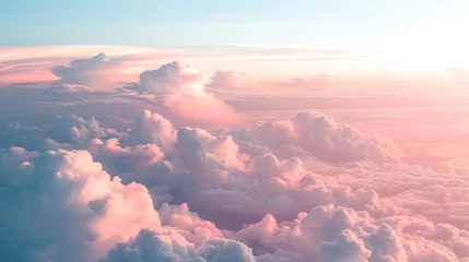 Deurstickers Beautiful sunset above the clouds. Aerial view. Nature background of sky. Cloudy landscape from the window of an airplane. Sunrise. Sun goes into the clouds. Illustration for varied design. © Login