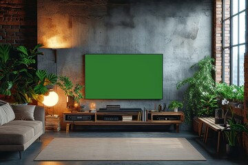 A cozy living room oasis with a lush indoor garden and modern furniture, including a stylish sofa bed and sleek television, all nestled against a striking green wall