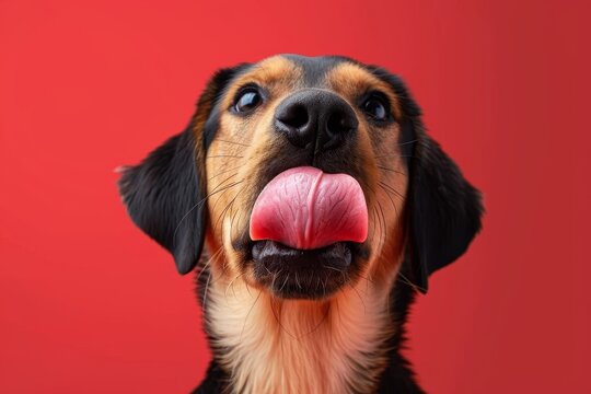 A playful puppy of the black and brown dog breed eagerly licks its lips, its snout adorned with a collar, as it patiently waits for its owner to return