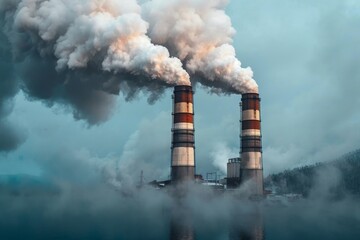 A hazy sky filled with pollution as smoke stacks explode with steam from a factory in the distance, depicting the damaging effects of industrialization on our environment - obrazy, fototapety, plakaty