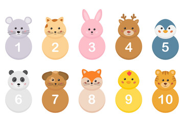 Obraz na płótnie Canvas Cute numbers from 1 to 10 with funny animals characters. Collection of number for kids for counting, learning math. Math numbers set for home school mathematics games. Kids preschool counting.