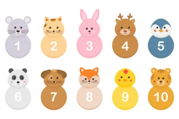 Fotobehang Speelgoed Cute numbers from 1 to 10 with funny animals characters. Collection of number for kids for counting, learning math. Math numbers set for home school mathematics games. Kids preschool counting.