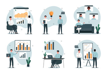 Business people illustration set. Work in the office and work from home. Characters work in a team, communicate with each other. Сoncept of working in the office and at home . Vector illustration.