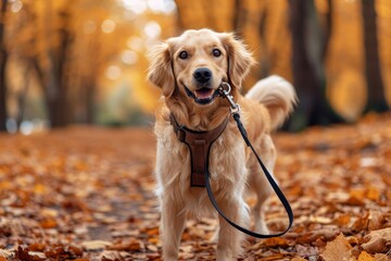 A loyal golden retriever, sporting its brown fur, enjoys a leisurely autumn stroll with its owner, happily leashed and exploring the great outdoors - obrazy, fototapety, plakaty