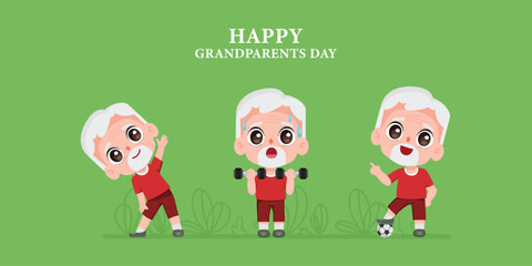 Elderly man exercising character design set. Cute cartoon chibi character style vector.