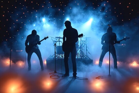 Vibrant musicians captivate the audience with their electric guitars, bold clothing, and soulful melodies at a rock concert in a lively music venue