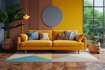An inviting indoor space, filled with natural elements and cozy seating options, highlighted by a striking yellow couch and accented by a round mirror and houseplants