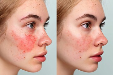 A captivating woman with striking freckles and a bold red spot on her face, accentuated by perfectly applied eyeliner and lipstick, gazes confidently into the camera with a subtle smirk playing on he