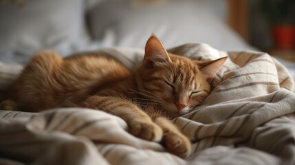 Sleeping cat on a bed near a sunny window, tabby cat lying on bed, generative ai
