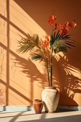Fototapeta na wymiar Potted plants casting shadows on a warm-colored wall