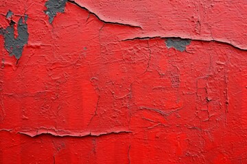 A bold, fiery wall of coquelicot and carmine, marred by jagged cracks, evokes an abstract sense of strength and vulnerability