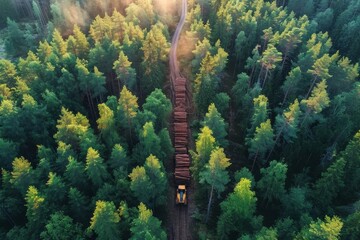 Amidst the vibrant autumn hues, a lone tractor navigates through the towering conifers of an old-growth forest, enveloped in a tranquil canopy of larch and spruce - obrazy, fototapety, plakaty