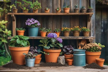 Fototapeta na wymiar A wooden shelf holds a variety of vibrant houseplants, their colorful blooms spilling over the edge of flowerpots, adding life to the outdoor building and creating a cozy sitting area by the window