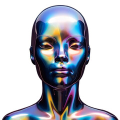 Human female faces in holographic chrome colors that flow like liquid all over showing color spectrum of rainbow. PNG removeable background. 