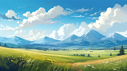 Beautiful summer landscape with mountains and meadow. Vector illustration.