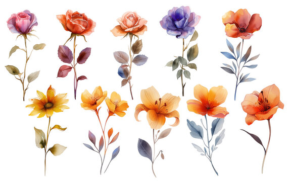 Set of 10 isolated delicate watercolor flowers in pastel colors for banner, greeting card for wedding, birthday, international women's day, mother's day, children's day, Easter © Tetiana